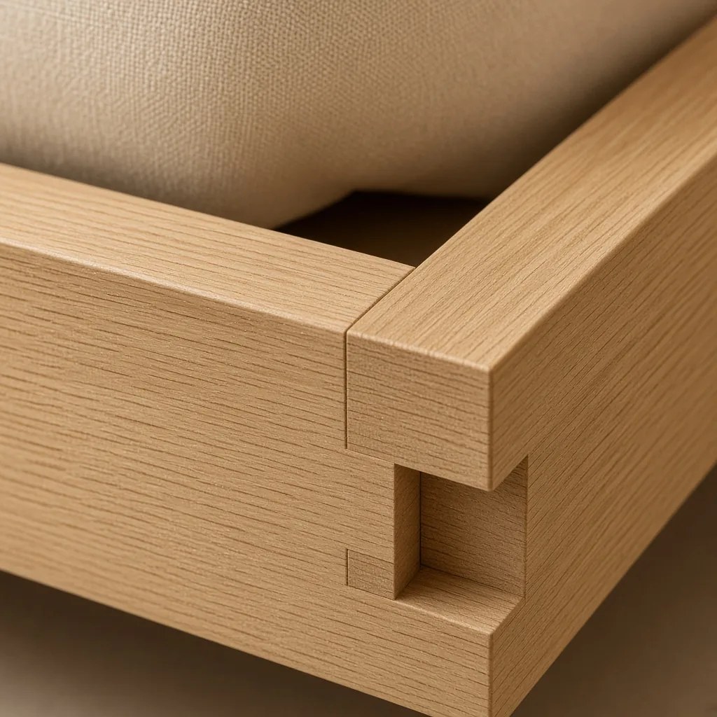 Detail van de hoekverbinding in licht eikenhout