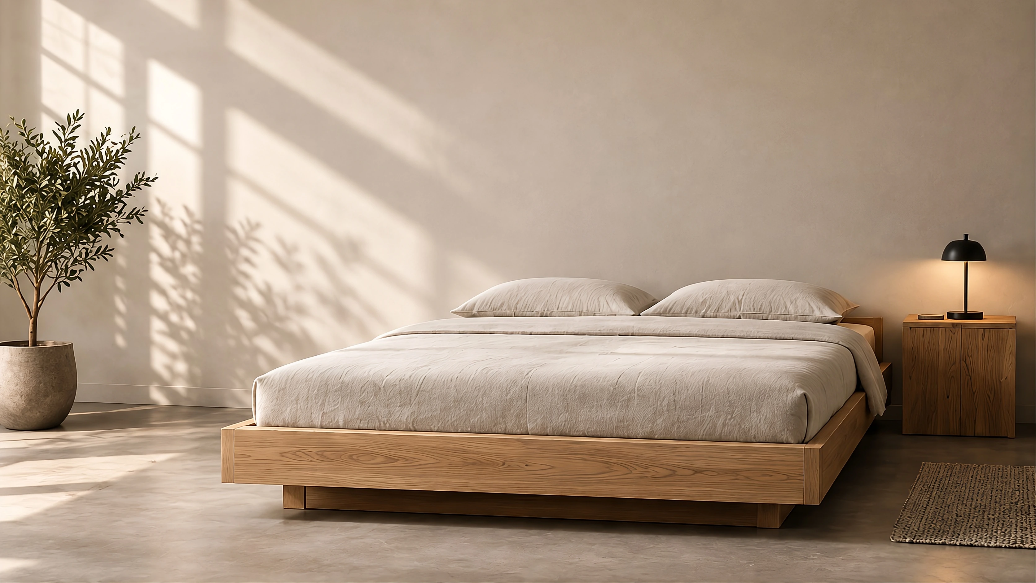 Minimalistisch eiken platformbed in een rustige slaapkamer met beige linnen en warm daglicht