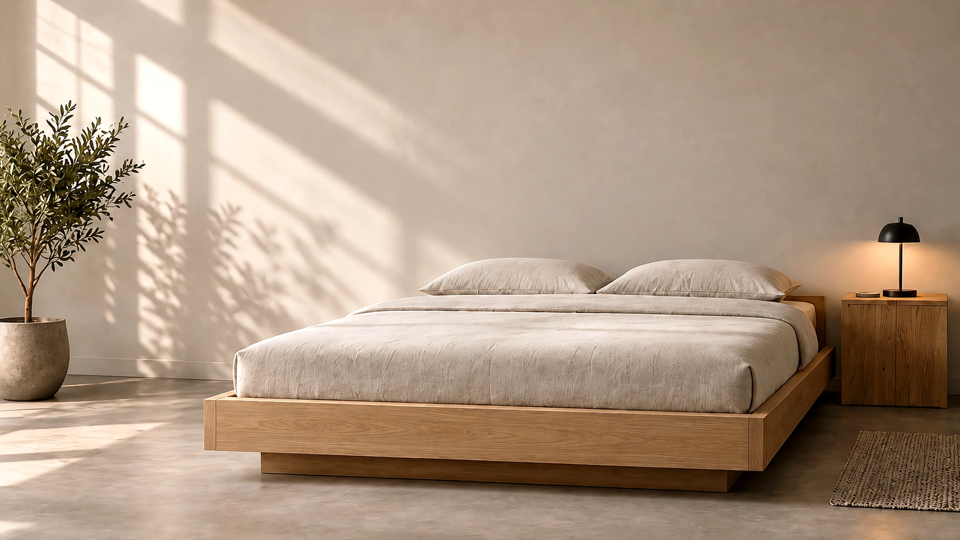 Natuurlijk eiken bed met linnen beddengoed