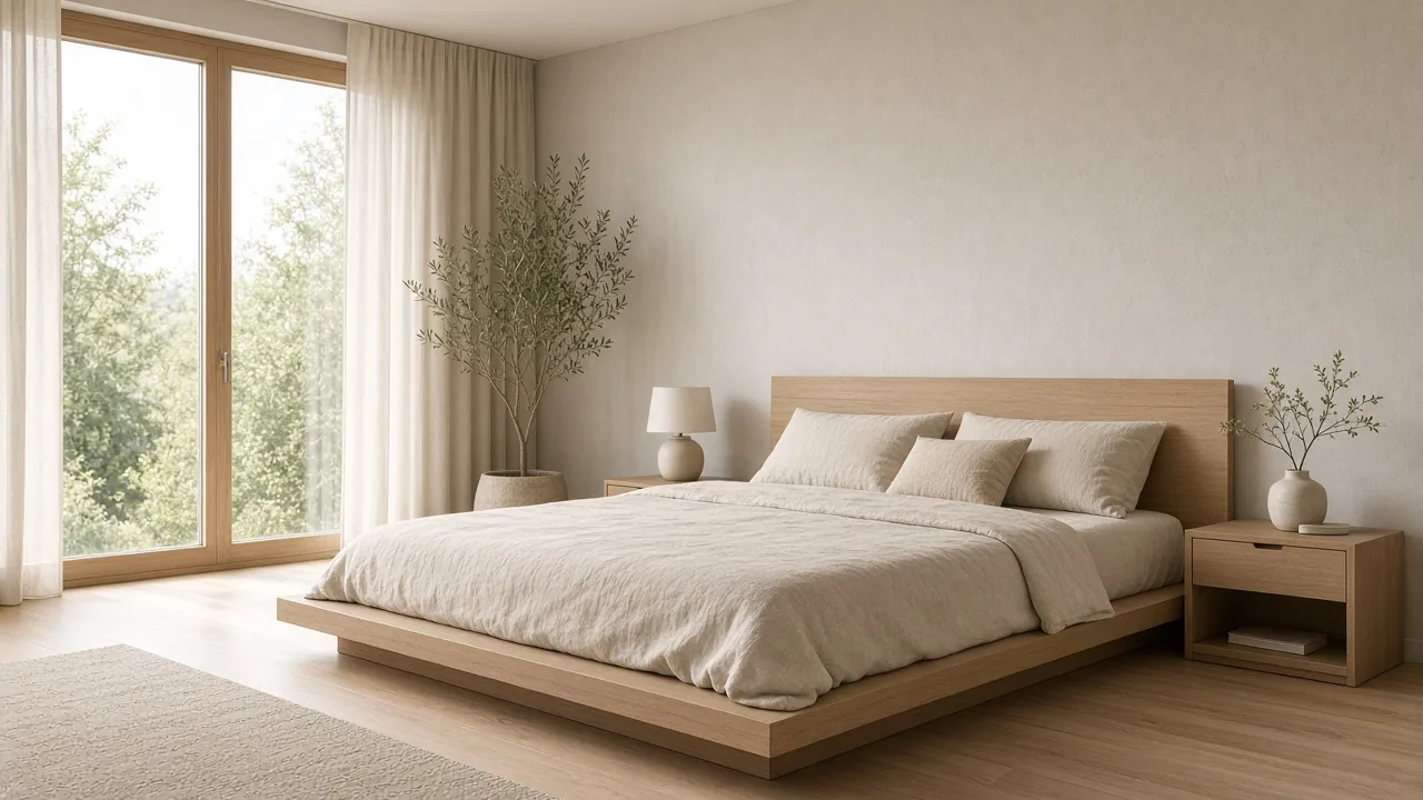 Rustige slaapkamer met eiken bed en groot raam
